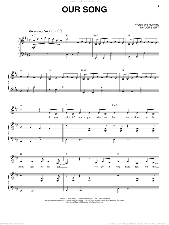 Our Song sheet music for voice and piano by Taylor Swift, intermediate skill level