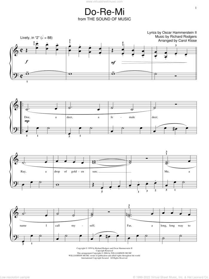 Do-Re-Mi sheet music for piano solo (elementary) by Rodgers & Hammerstein, Carol Klose, Miscellaneous, Oscar II Hammerstein and Richard Rodgers, beginner piano (elementary)