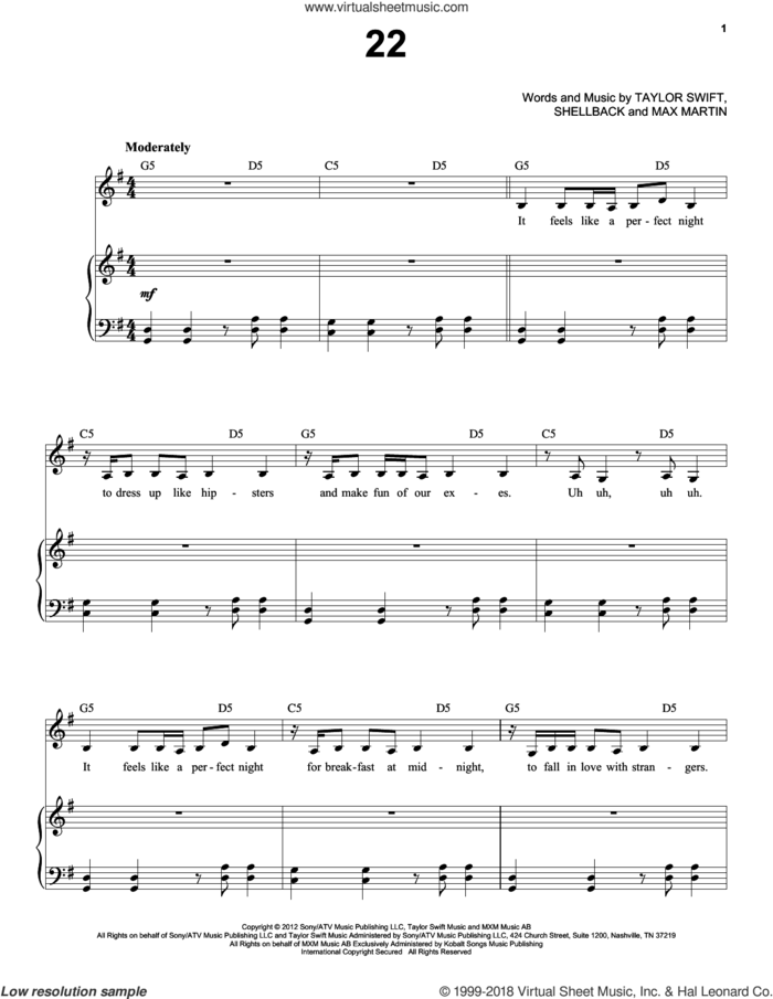 22 sheet music for voice and piano by Taylor Swift, Max Martin and Shellback, intermediate skill level