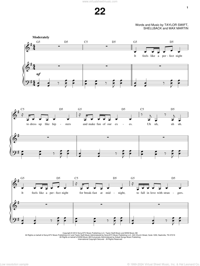 22 sheet music for voice and piano by Taylor Swift, Max Martin and Shellback, intermediate skill level