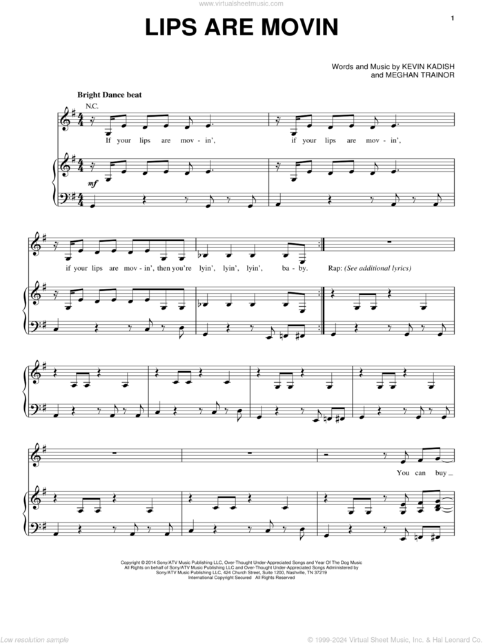 Lips Are Movin sheet music for voice, piano or guitar by Meghan Trainor, Kevin Kadish and Meghan Trainer, intermediate skill level