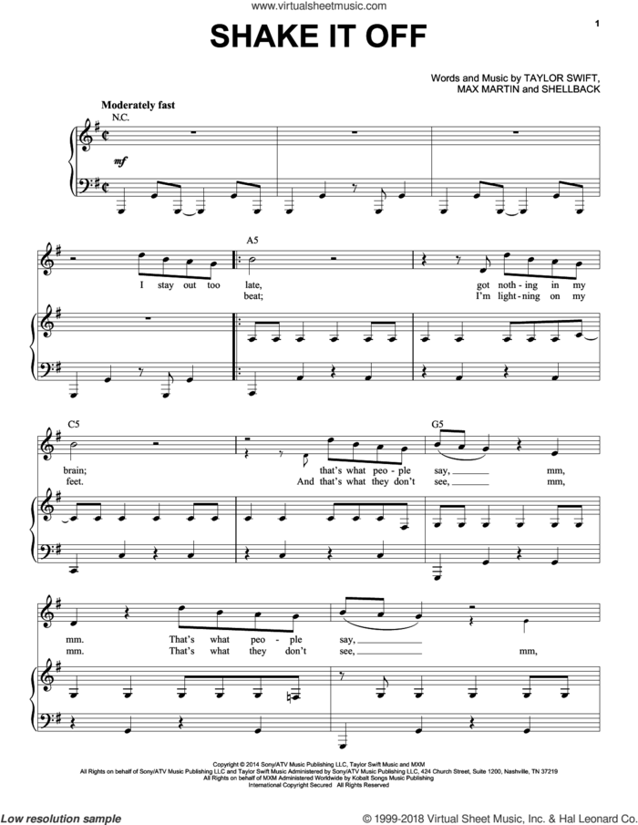 Shake It Off sheet music for voice and piano by Taylor Swift, Johan Schuster, Max Martin and Shellback, intermediate skill level