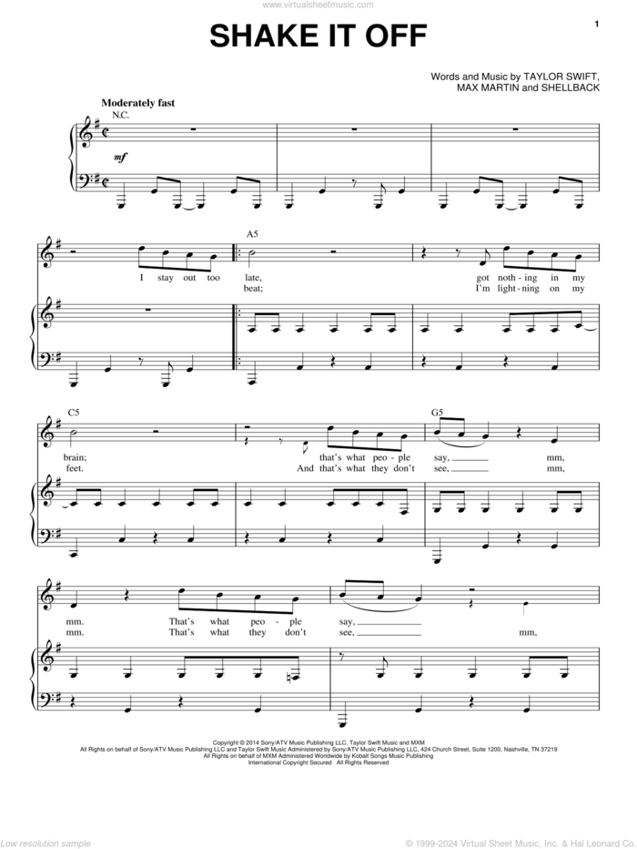 Shake It Off sheet music for voice and piano by Taylor Swift, Johan Schuster, Max Martin and Shellback, intermediate skill level