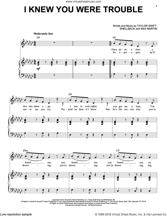 I Knew You Were Trouble sheet music for voice and piano by Taylor Swift, Max Martin and Shellback, intermediate skill level