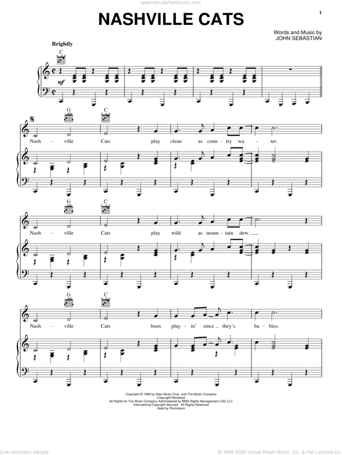 Nashville Cats sheet music for voice, piano or guitar by Lovin' Spoonful and John Sebastian, intermediate skill level