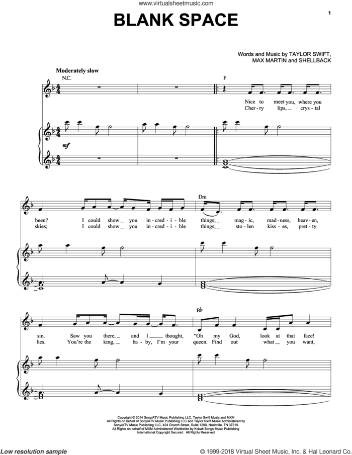 Blank Space sheet music for voice and piano by Taylor Swift, Johan Schuster, Max Martin and Shellback, intermediate skill level