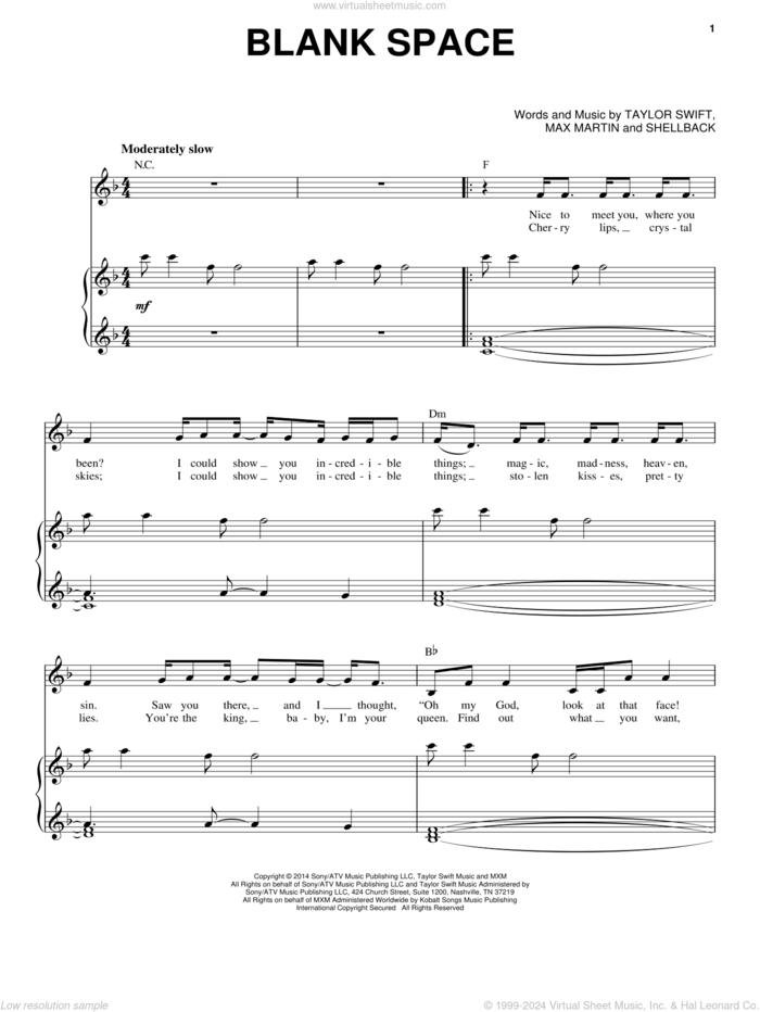 Blank Space sheet music for voice and piano by Taylor Swift, Johan Schuster, Max Martin and Shellback, intermediate skill level