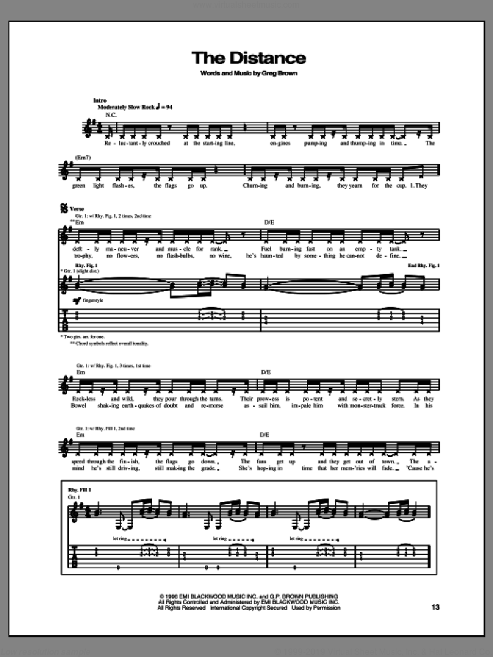 The Distance sheet music for guitar (tablature) by Cake and Greg Brown, intermediate skill level