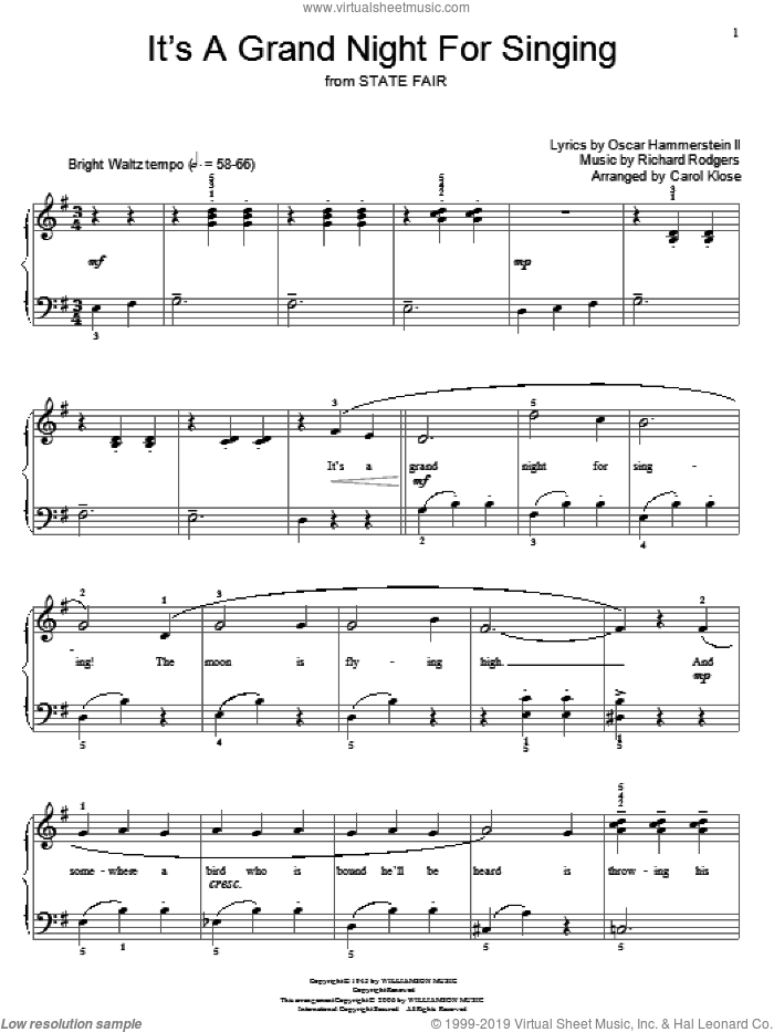 It's A Grand Night For Singing sheet music for piano solo (elementary) by Rodgers & Hammerstein, Carol Klose, Miscellaneous, State Fair (Musical), Oscar II Hammerstein and Richard Rodgers, beginner piano (elementary)