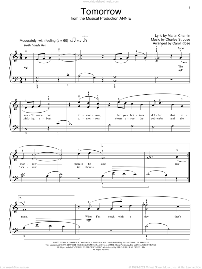 Tomorrow sheet music for piano solo (elementary) by Charles Strouse, Carol Klose, Annie (Musical), Miscellaneous and Martin Charnin, beginner piano (elementary)