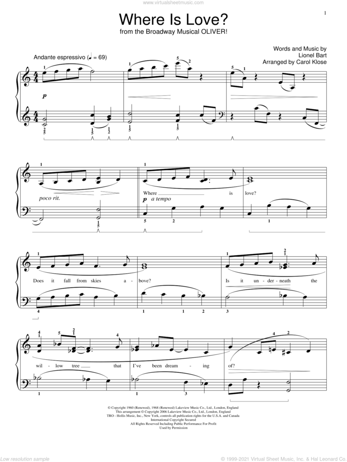 Where Is Love? sheet music for piano solo (elementary) by Lionel Bart, Carol Klose, Miscellaneous and Oliver! (Musical), beginner piano (elementary)