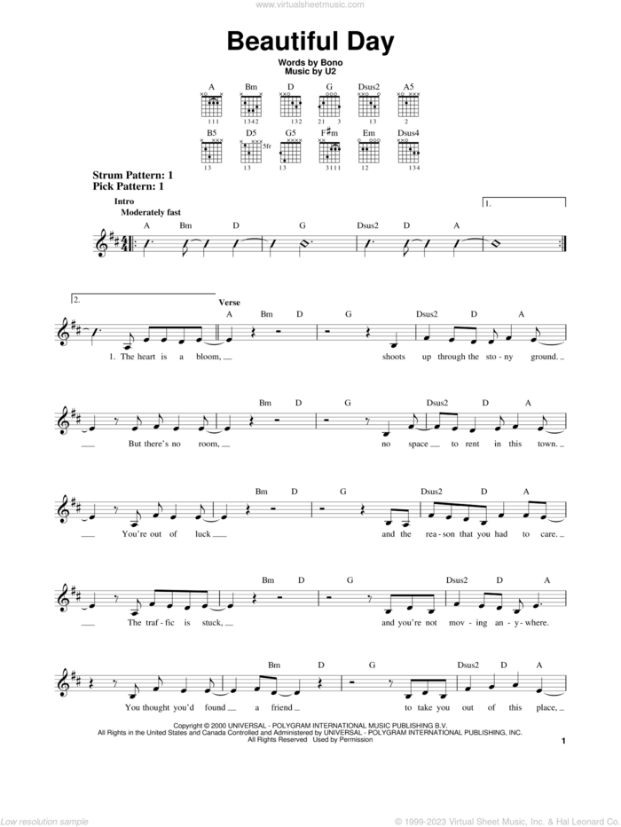 Beautiful Day sheet music for guitar solo (chords) by U2, Lee DeWyze and Bono, easy guitar (chords)