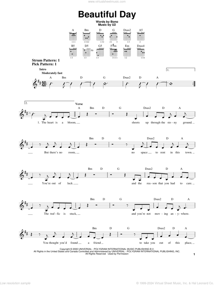 Beautiful Day sheet music for guitar solo (chords) by U2, Lee DeWyze and Bono, easy guitar (chords)