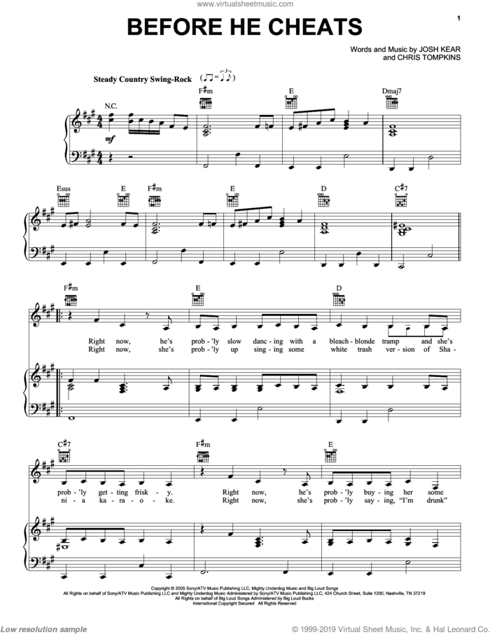 Before He Cheats sheet music for voice, piano or guitar by Carrie Underwood, Chris Tompkins and Josh Kear, intermediate skill level