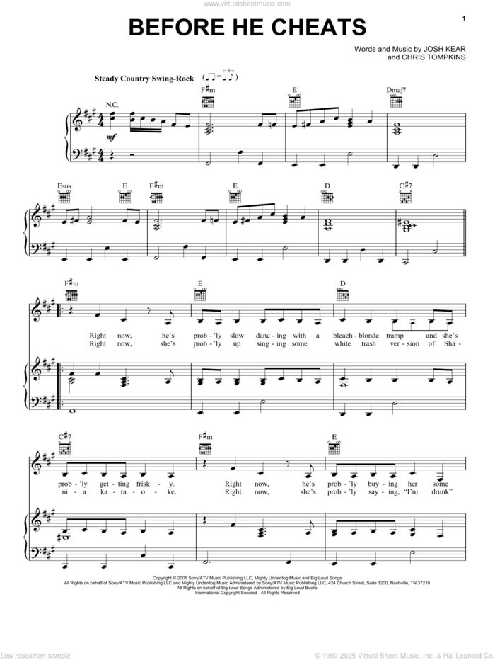 Before He Cheats sheet music for voice, piano or guitar by Carrie Underwood, Chris Tompkins and Josh Kear, intermediate skill level