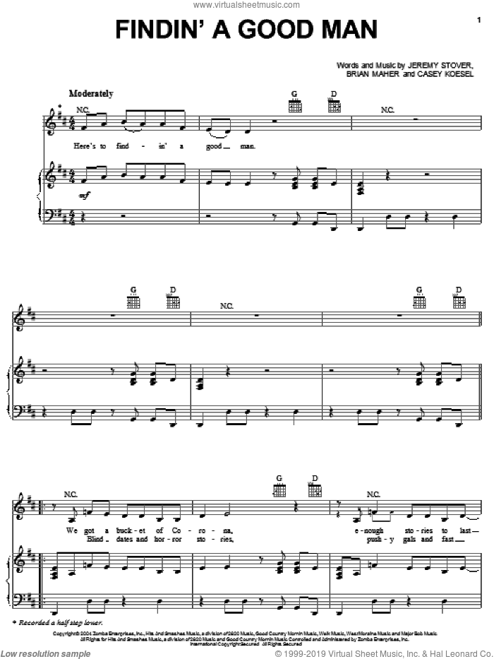 Findin' A Good Man sheet music for voice, piano or guitar by Danielle Peck, Brian Maher, Casey Koesel and Jeremy Stover, intermediate skill level
