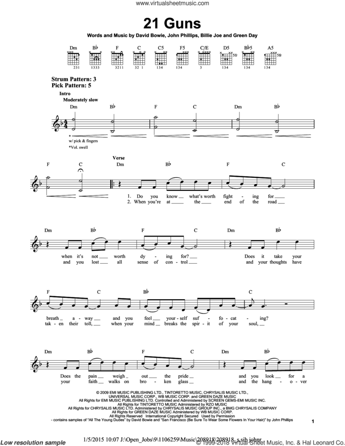 21 Guns sheet music for guitar solo (chords) by Green Day, Billie Joe, David Bowie and John Phillips, easy guitar (chords)