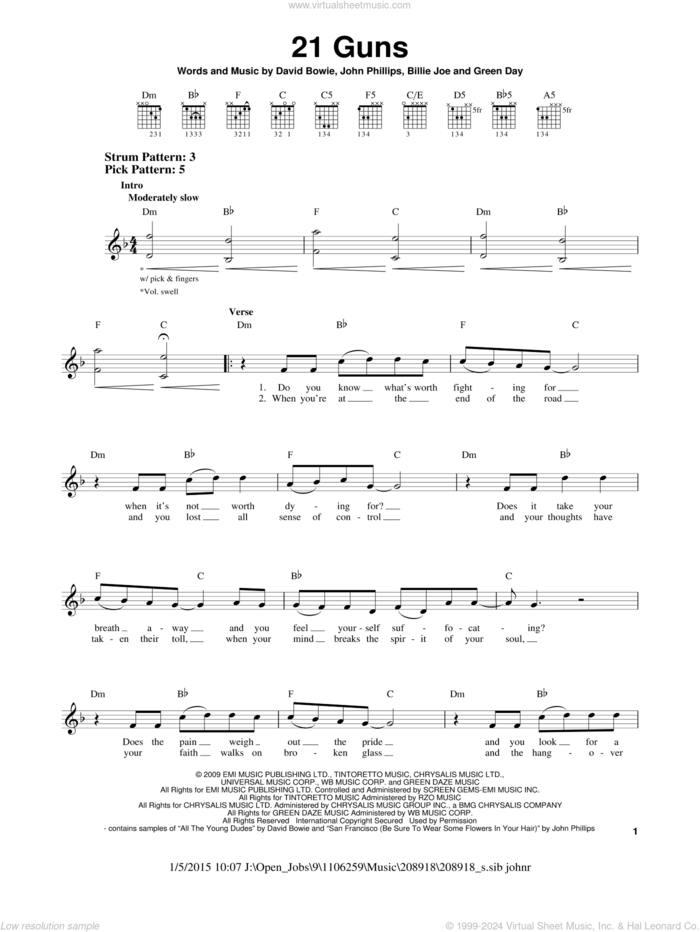 21 Guns sheet music for guitar solo (chords) by Green Day, Billie Joe, David Bowie and John Phillips, easy guitar (chords)