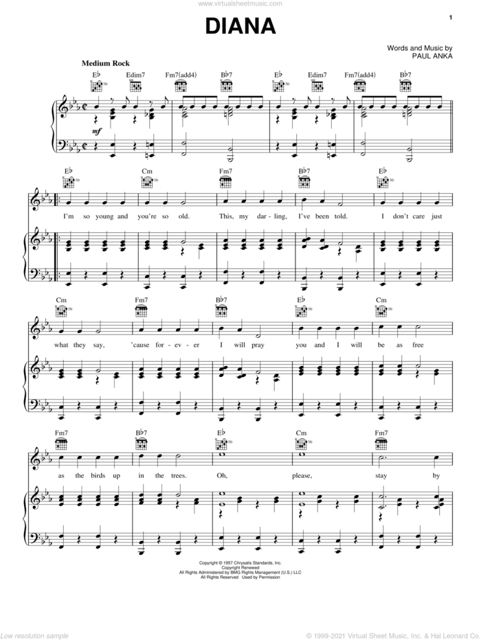 Diana sheet music for voice, piano or guitar by Paul Anka, intermediate skill level