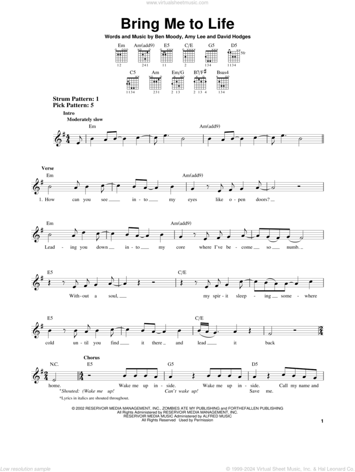 Bring Me To Life sheet music for guitar solo (chords) by Evanescence, Amy Lee, Ben Moody and David Hodges, easy guitar (chords)