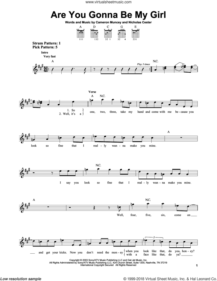 Are You Gonna Be My Girl sheet music for guitar solo (chords) by Nic Cester and Cameron Muncey, easy guitar (chords)