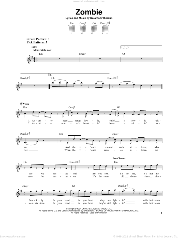 Zombie sheet music for guitar solo (chords) by The Cranberries, easy guitar (chords)