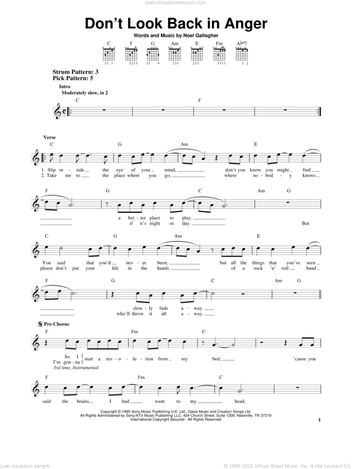 Don't Look Back In Anger sheet music for guitar solo (chords) by Oasis and Noel Gallagher, easy guitar (chords)