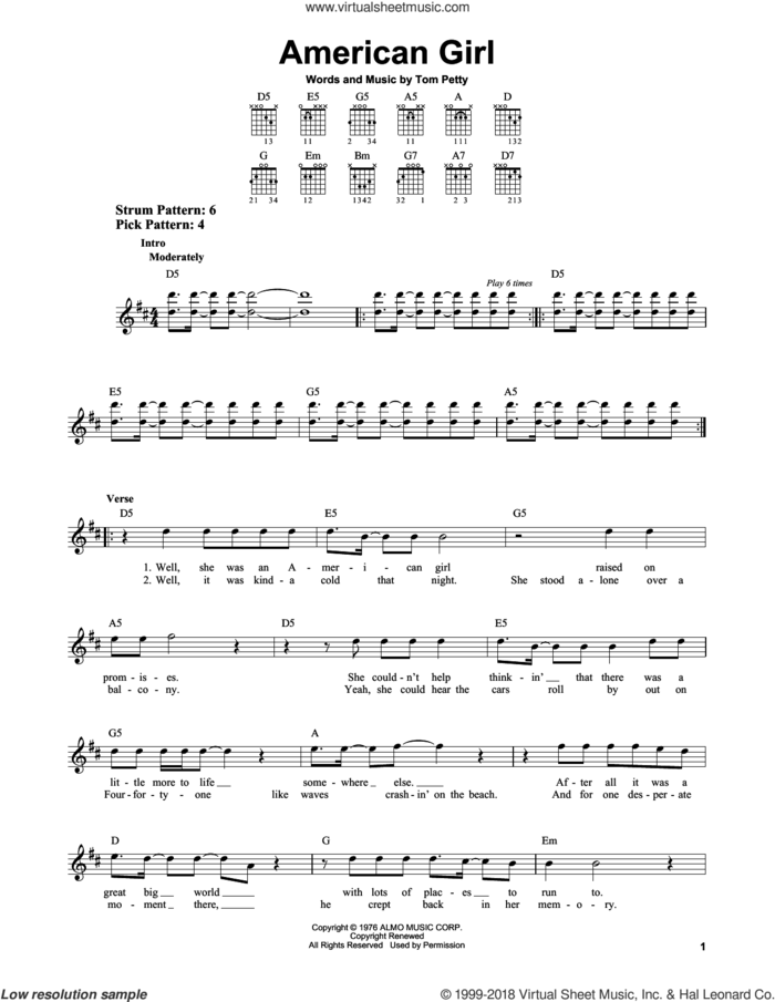 American Girl sheet music for guitar solo (chords) by Tom Petty, easy guitar (chords)