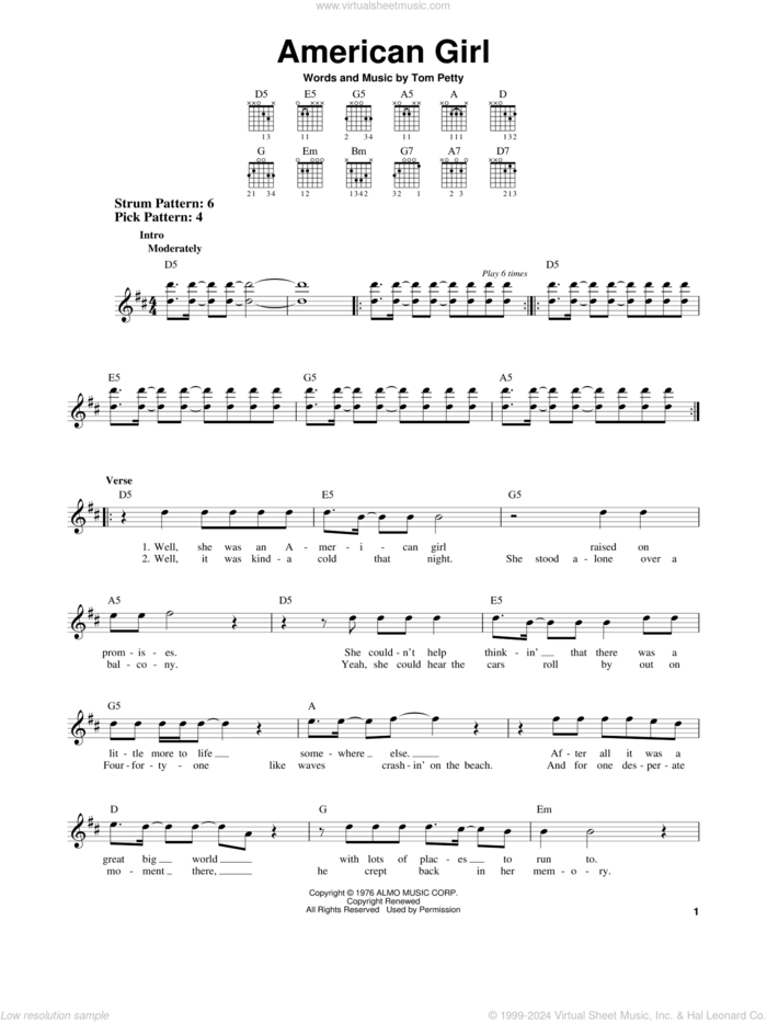 American Girl sheet music for guitar solo (chords) by Tom Petty, easy guitar (chords)