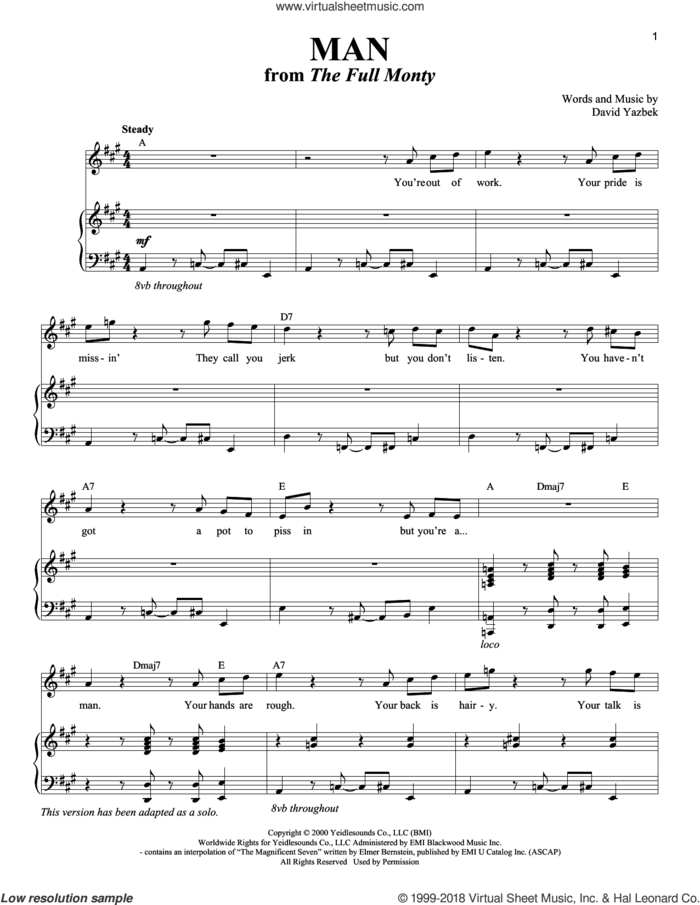 Man sheet music for voice and piano by David Yazbek and Richard Walters, intermediate skill level