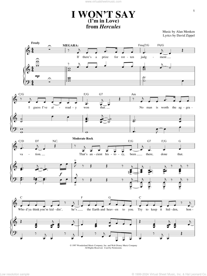 I Won't Say (I'm In Love) (from Hercules) sheet music for voice and piano by Alan Menken, Richard Walters and David Zippel, intermediate skill level