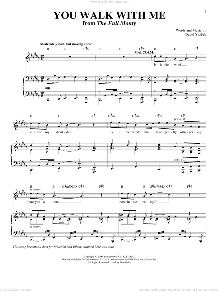 You Walk With Me (from The Full Monty) sheet music for voice and piano by David Yazbek and Richard Walters, intermediate skill level