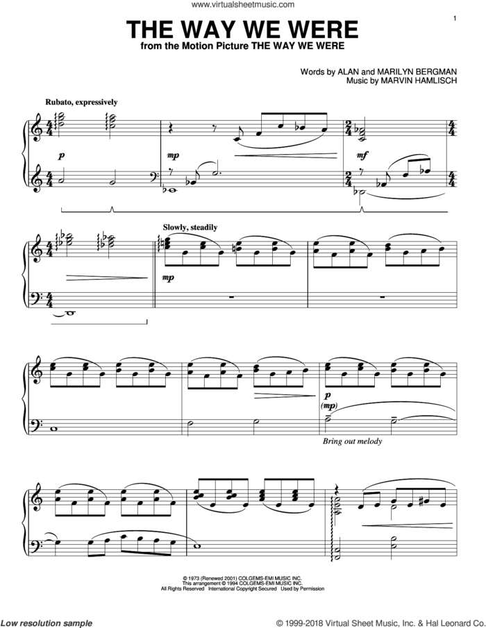 The Way We Were, (intermediate) sheet music for piano solo by Barbra Streisand, Alan Bergman, Marilyn Bergman and Marvin Hamlisch, intermediate skill level