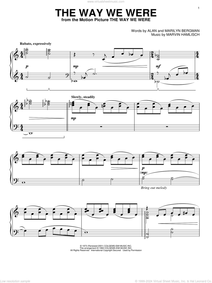 The Way We Were, (intermediate) sheet music for piano solo by Barbra Streisand, Alan Bergman, Marilyn Bergman and Marvin Hamlisch, intermediate skill level