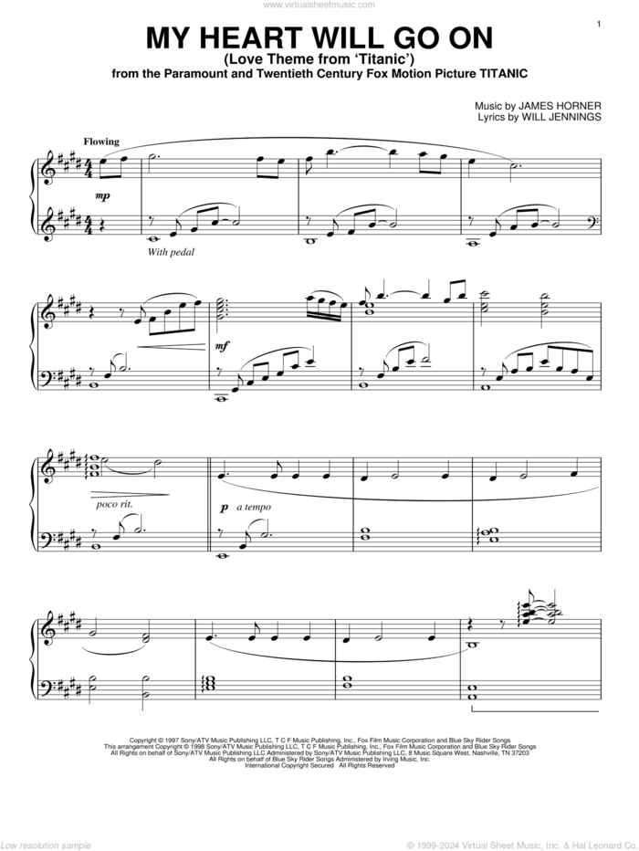 My Heart Will Go On (from Titanic) sheet music for piano solo by Celine Dion, Deja Vu, Kenny G, James Horner and Will Jennings, wedding score, intermediate skill level