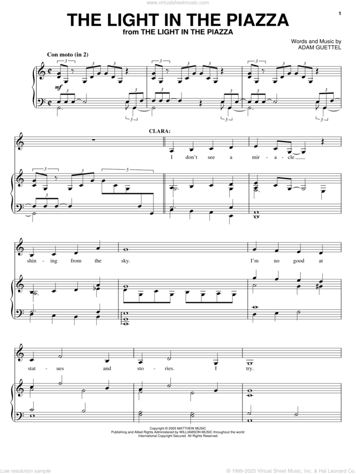 The Light In The Piazza sheet music for voice, piano or guitar by Adam Guettel and The Light In The Piazza (Musical), intermediate skill level