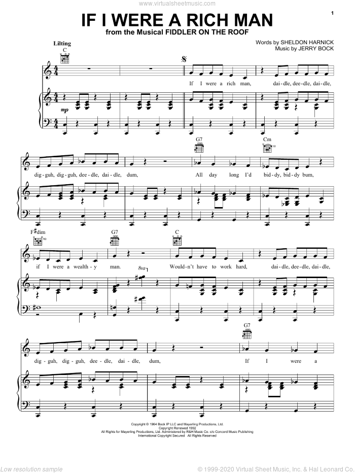 If I Were A Rich Man (from Fiddler On The Roof) sheet music for voice, piano or guitar by Bock & Harnick, Fiddler On The Roof (Musical), Jerry Bock and Sheldon Harnick, intermediate skill level