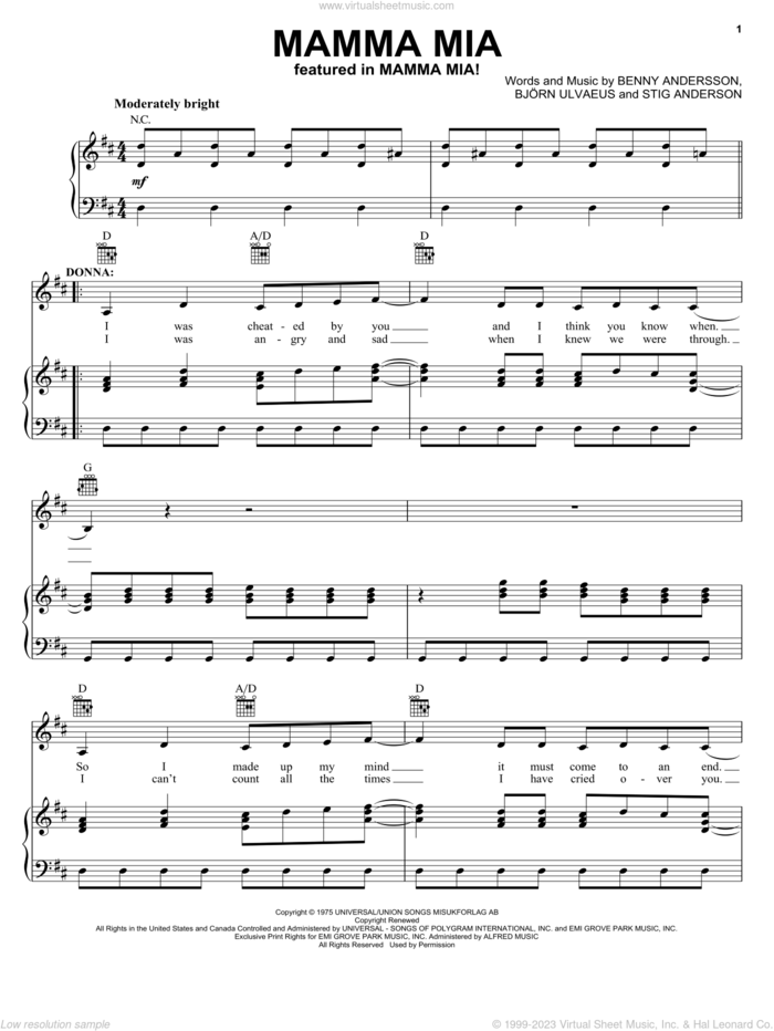 Mamma Mia sheet music for voice, piano or guitar by ABBA, Mamma Mia! (Movie), Mamma Mia! (Musical), Benny Andersson, Bjorn Ulvaeus and Stig Anderson, intermediate skill level