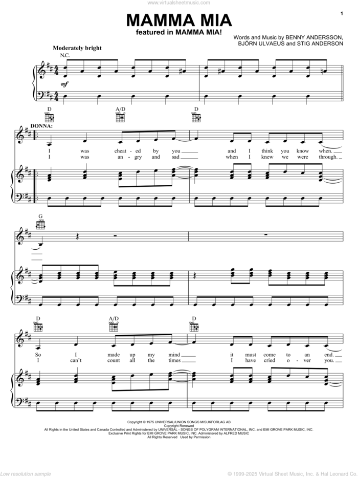 Mamma Mia sheet music for voice, piano or guitar by ABBA, Mamma Mia! (Movie), Mamma Mia! (Musical), Benny Andersson, Bjorn Ulvaeus and Stig Anderson, intermediate skill level