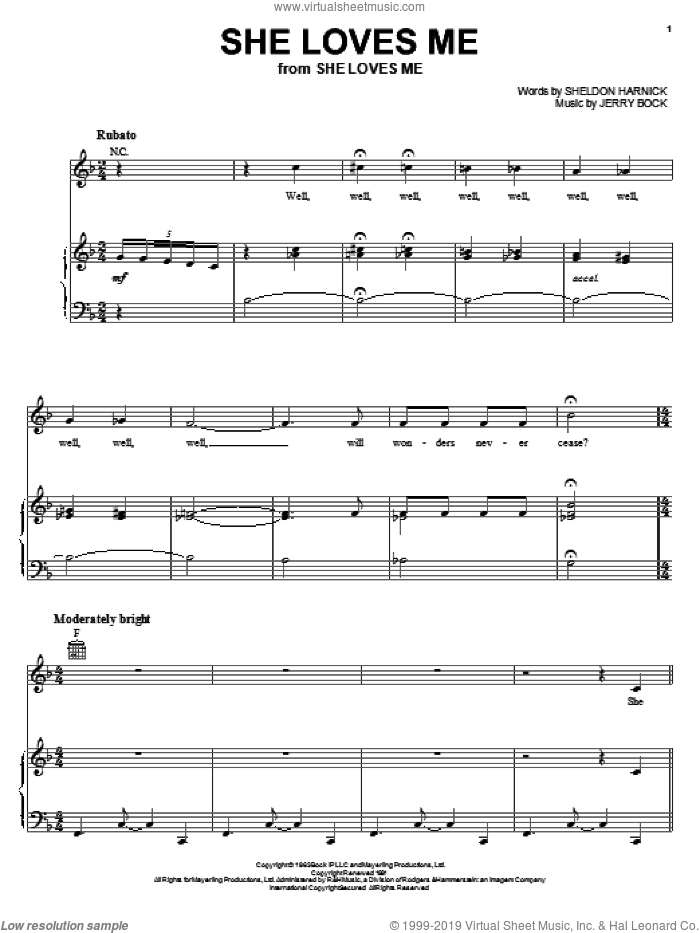 She Loves Me sheet music for voice, piano or guitar by Bock & Harnick, She Loves Me (Musical), Jerry Bock and Sheldon Harnick, intermediate skill level
