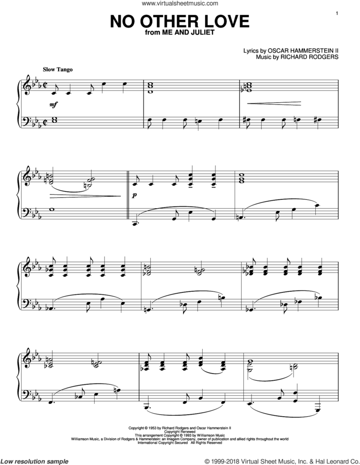 No Other Love sheet music for piano solo by Rodgers & Hammerstein, Oscar II Hammerstein and Richard Rodgers, intermediate skill level