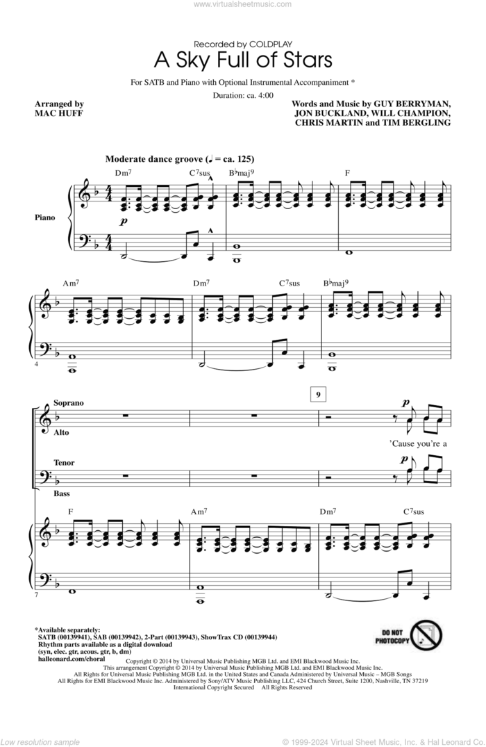 A Sky Full Of Stars (arr. Mac Huff) sheet music for choir (SATB: soprano, alto, tenor, bass) by Guy Berryman, Mac Huff, Coldplay, Chris Martin, Jon Buckland, Tim Bergling and Will Champion, wedding score, intermediate skill level