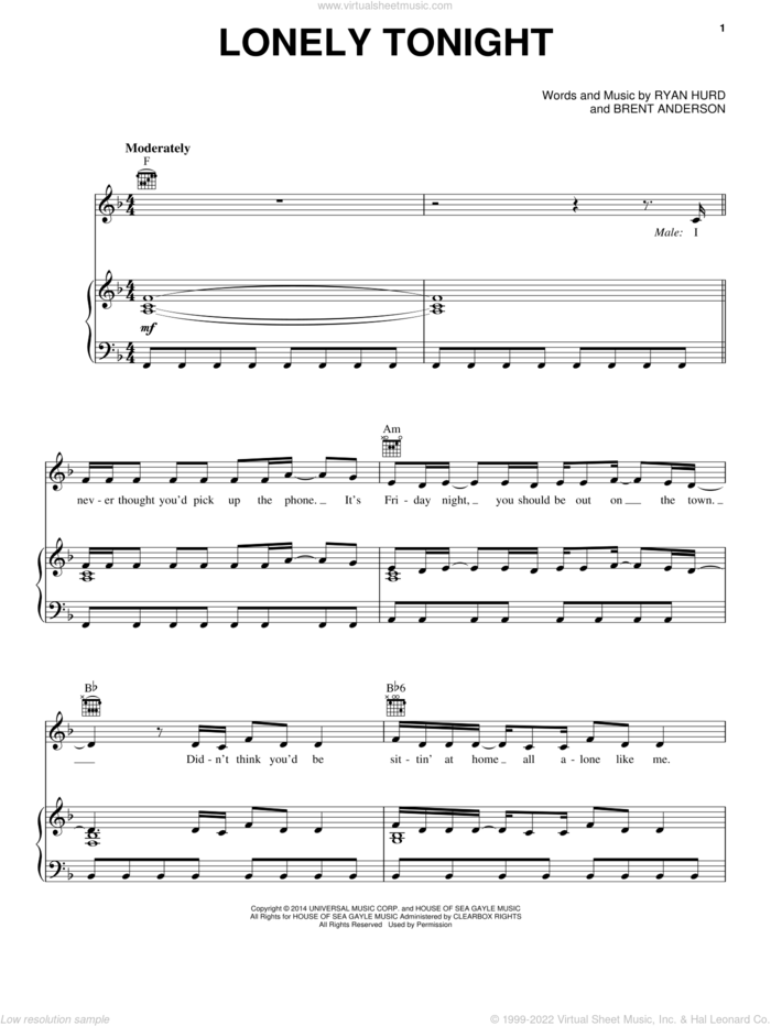 Lonely Tonight sheet music for voice, piano or guitar by Blake Shelton feat. Ashley Monroe, Blake Shelton, Brent Anderson and Ryan Hurd, intermediate skill level