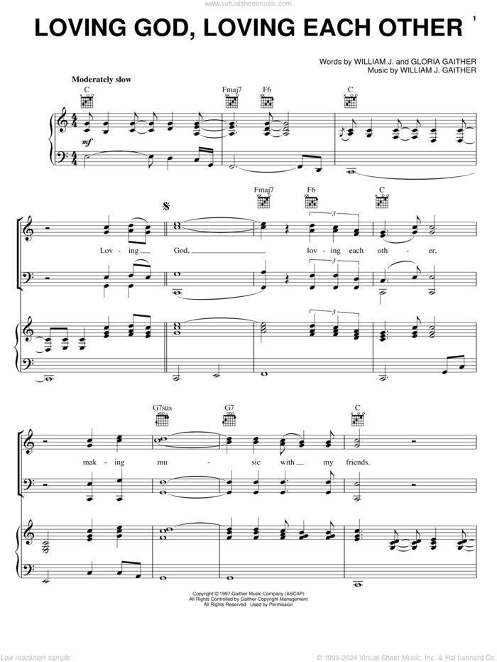 Loving God, Loving Each Other sheet music for voice, piano or guitar by Oak Ridge Boys, Gaither Vocal Band, The Oak Ridge Boys, Gloria Gaither and William J. Gaither, intermediate skill level