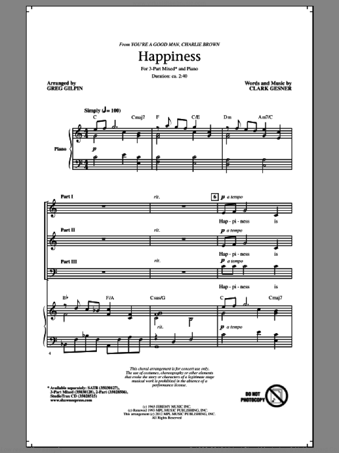 Happiness sheet music for choir (3-Part Mixed) by Clark Gesner and Greg Gilpin, intermediate skill level