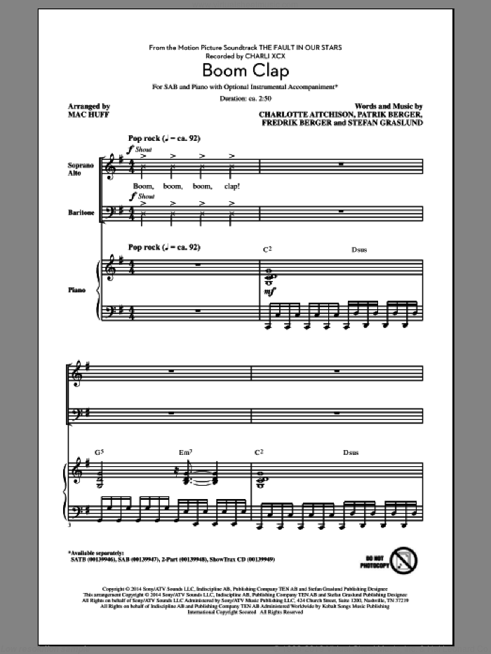 Boom Clap sheet music for choir (SAB: soprano, alto, bass) by Mac Huff, Charli XCX, Charlotte Aitchison, Fredrik Berger, Patrik Berger and Stefan Graslund, intermediate skill level