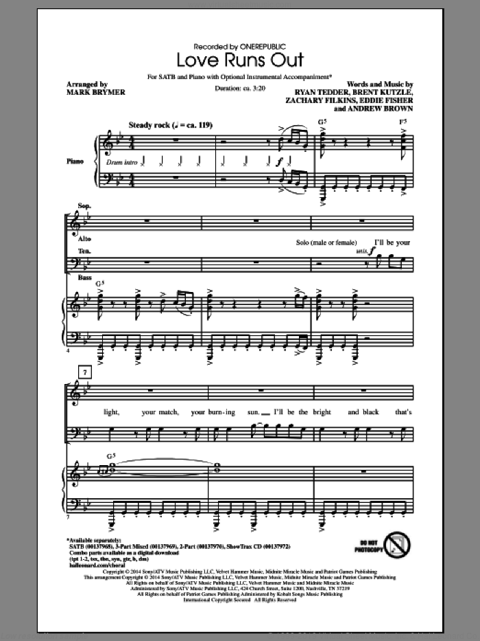 Love Runs Out sheet music for choir (SATB: soprano, alto, tenor, bass) by Andrew Brown, Mark Brymer, OneRepublic, Brent Kutzle, Eddie Fisher, Ryan Tedder and Zack Filkins, intermediate skill level