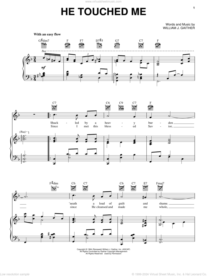 He Touched Me sheet music for voice, piano or guitar by Elvis Presley and William J. Gaither, intermediate skill level