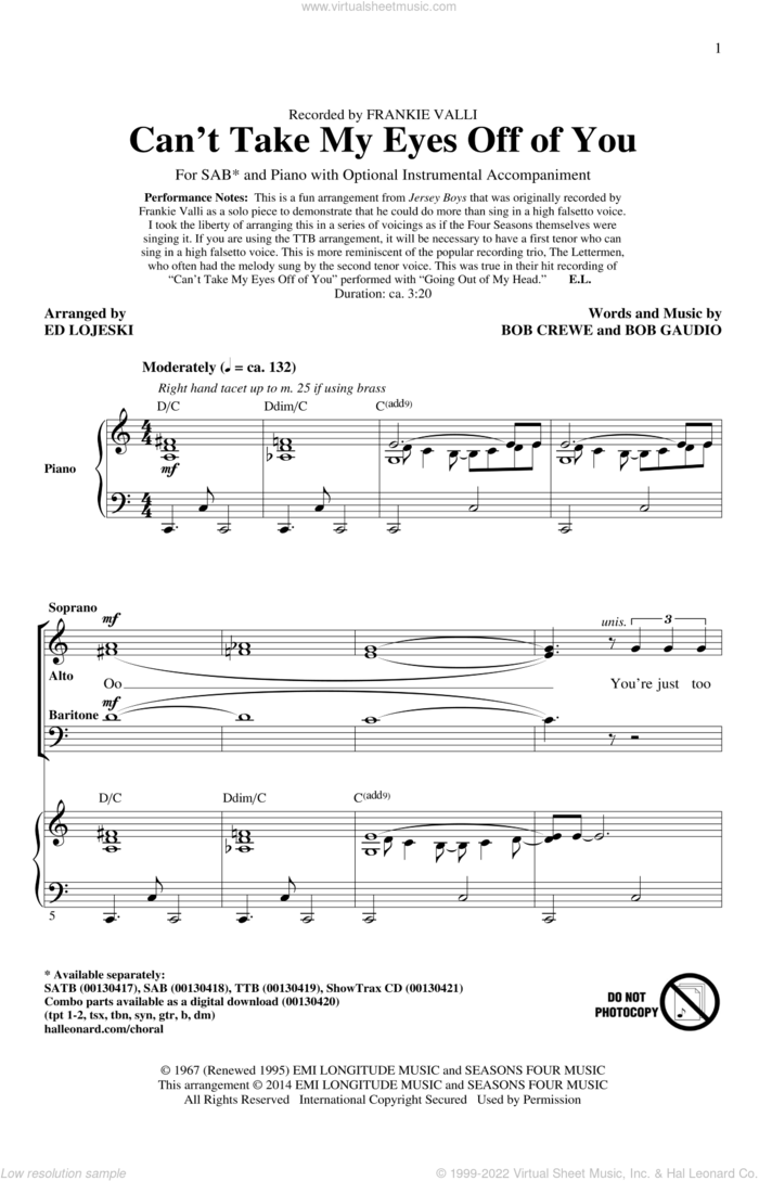 Can't Take My Eyes Off Of You (from Jersey Boys) (arr. Ed Lojeski) sheet music for choir (SAB: soprano, alto, bass) by Frankie Valli & The Four Seasons, Ed Lojeski, Frankie Valli, The Four Seasons, Bob Crewe and Bob Gaudio, intermediate skill level