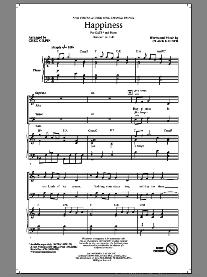 Happiness sheet music for choir (SATB: soprano, alto, tenor, bass) by Clark Gesner and Greg Gilpin, intermediate skill level